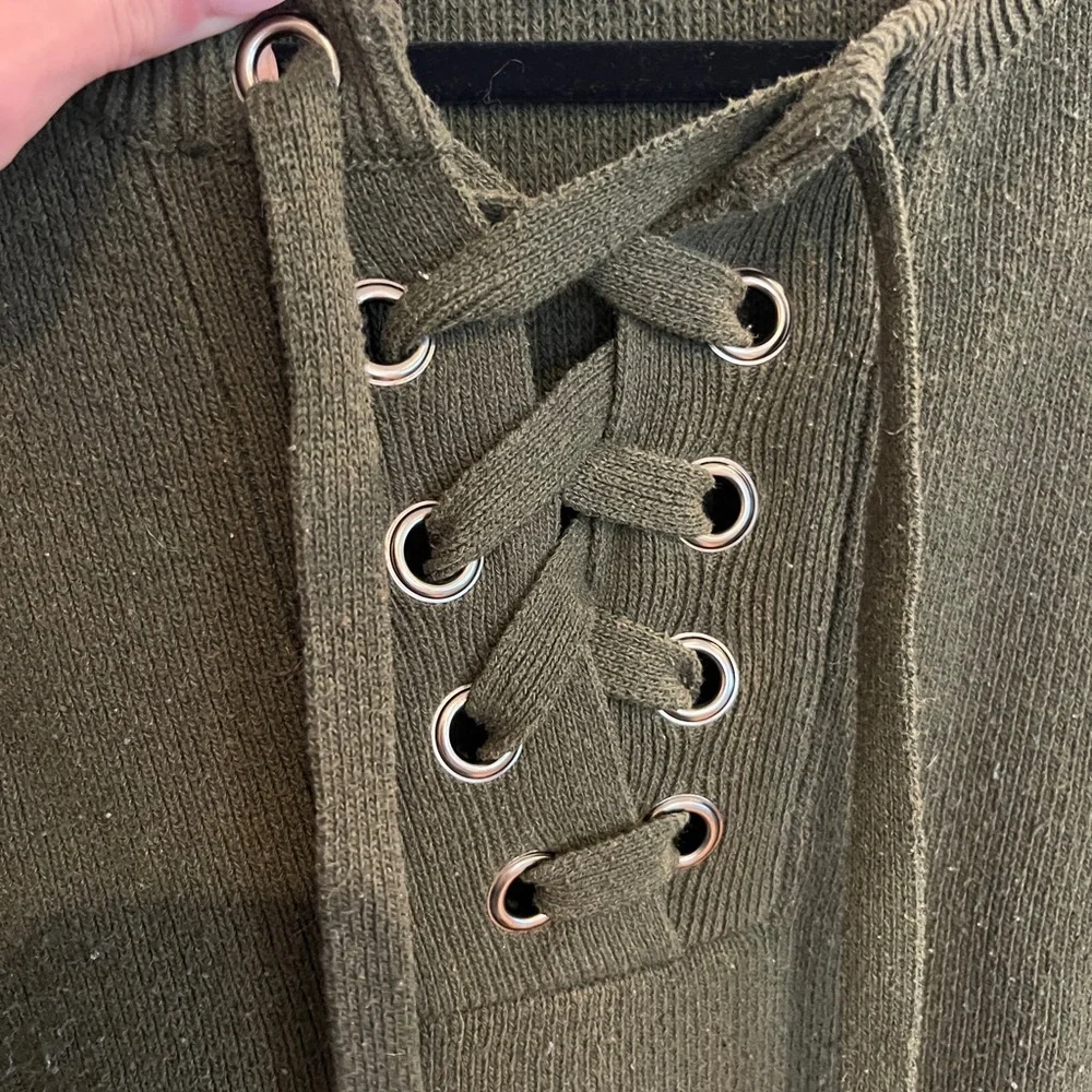 Endless Rose Olive Lace-Up Crewneck Sweater